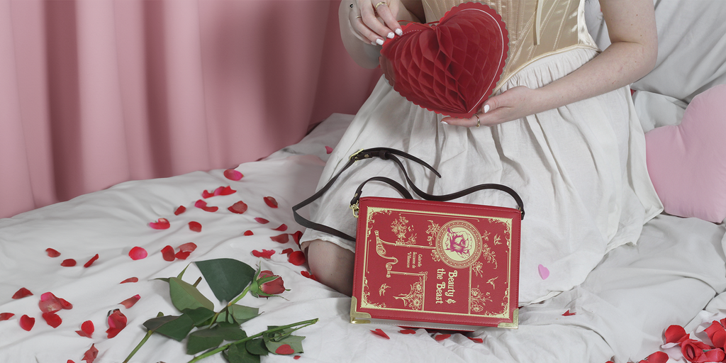 Valentines themed shoot featuring Beauty and the Beast book bag