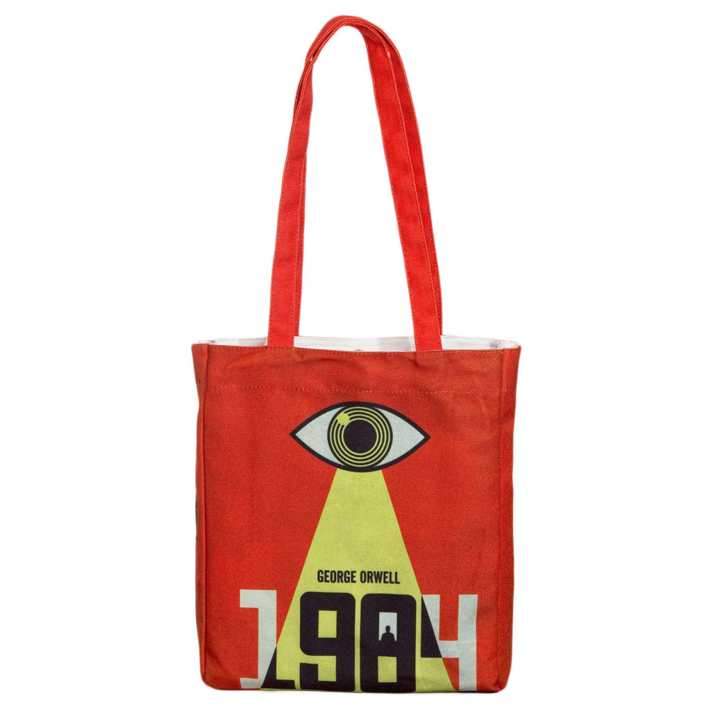 1987 Red and Yellow Tote Bag by George Orwell featuring Watchful Eye design, by Well Read Co. - Front