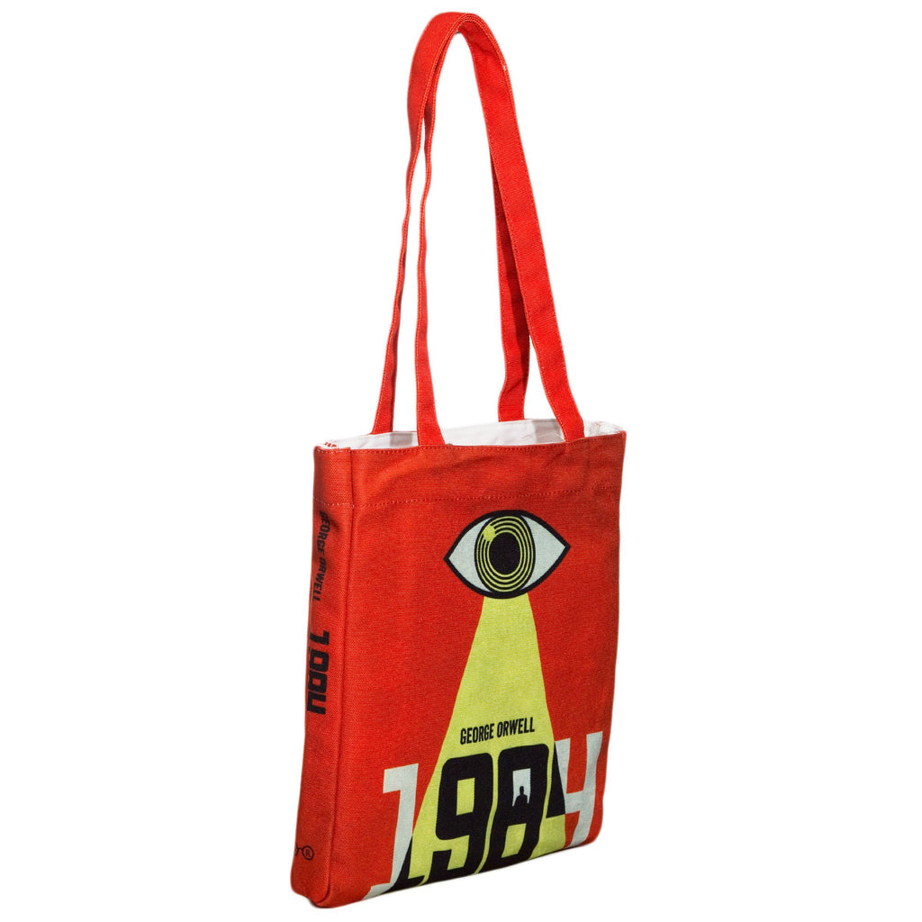 1986 Red and Yellow Tote Bag by George Orwell featuring Watchful Eye design, by Well Read Co. - Side