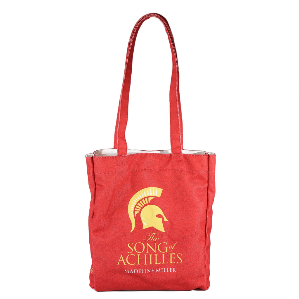 The Song of Achilles Red Tote Bag by Madeline Miller featuring Gold Trojan Helmet design, by Well Read Co. - Front