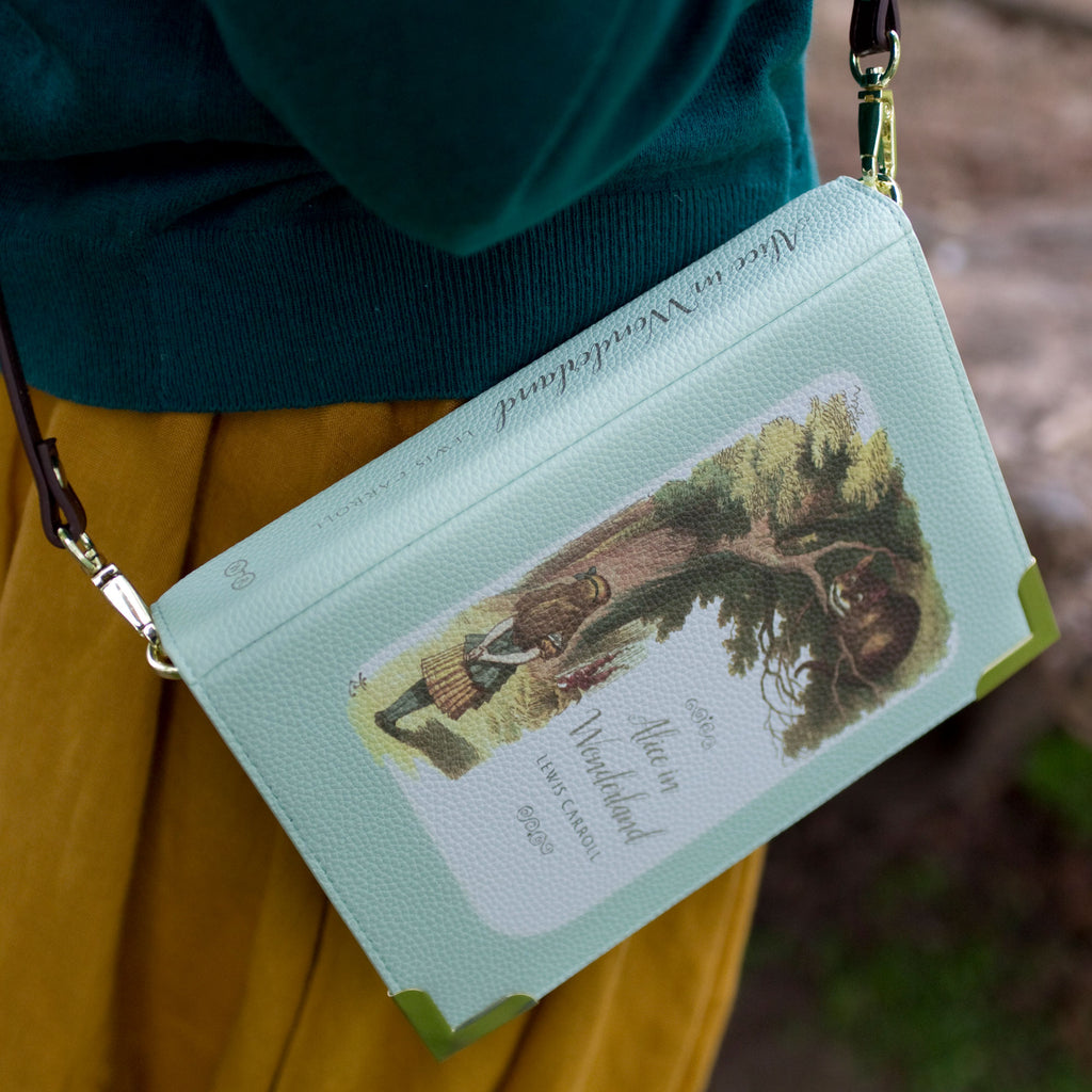 Alice's Adventures in Wonderland Green Handbag by Lewis Carroll featuring Alice and Cheshire Cat design, by Well Read Co. - Hanged