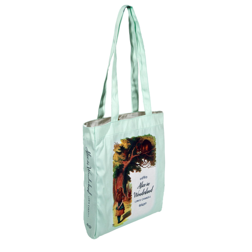 Alice's Adventures in Wonderland Green Tote Bag by Lewis Carroll featuring Alice and Cheshire Cat design, by Well Read Co. - Side