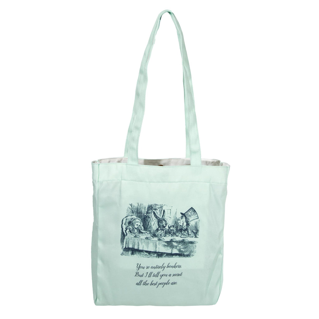 Alice's Adventures in Wonderland Green Tote Bag by Lewis Carroll featuring Alice and Cheshire Cat design, by Well Read Co. - Back