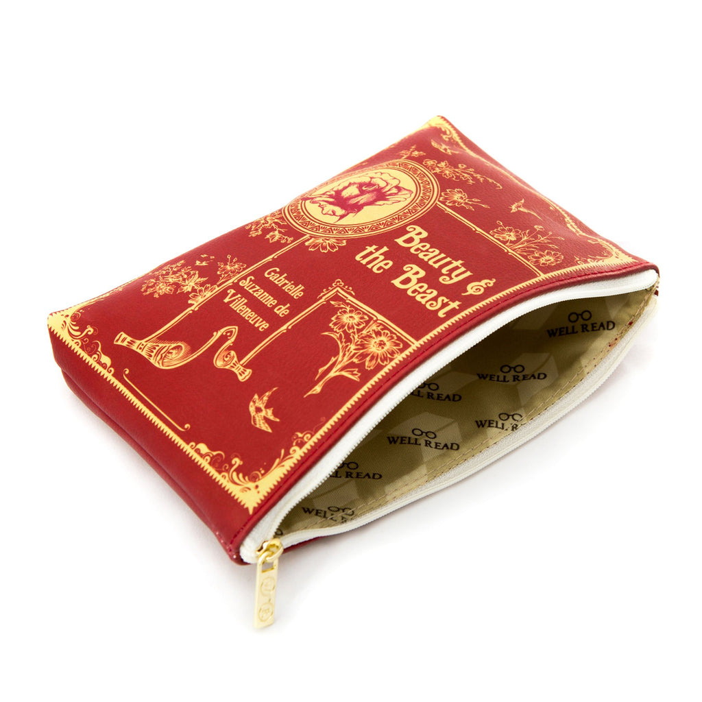 Beauty and the Beast Red Pouch Purse by Gabrielle-Suzanne de Villeneuve featuring Rose and Swallows design, by Well Read Co. - Front