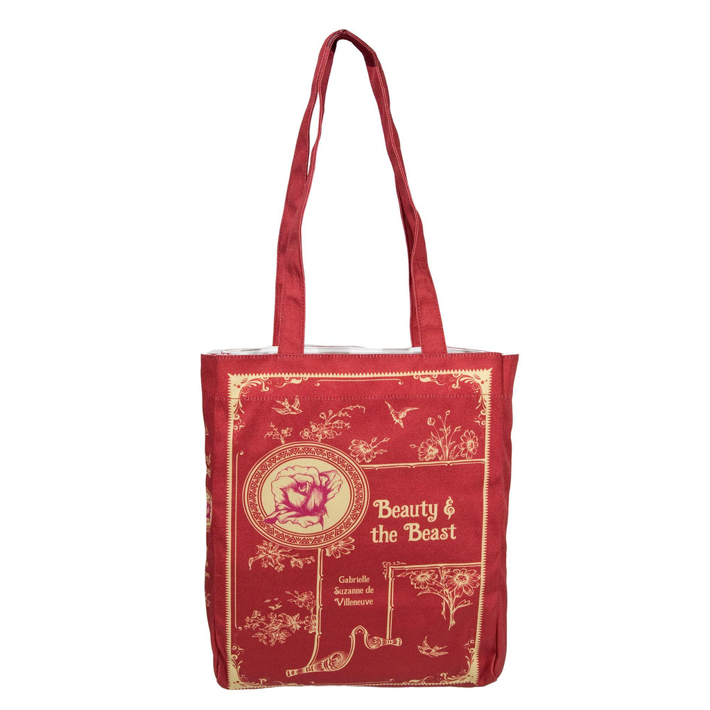 Beauty and the Beast Red Tote Bag by Gabrielle-Suzanne de Villeneuve featuring Gold Flowers and Swallows design, by Well Read Co. - Front