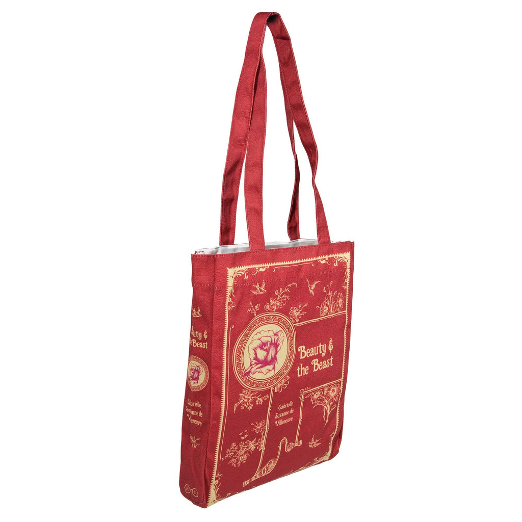 Beauty and the Beast Red Tote Bag by Gabrielle-Suzanne de Villeneuve featuring Gold Flowers and Swallows design, by Well Read Co. - Side