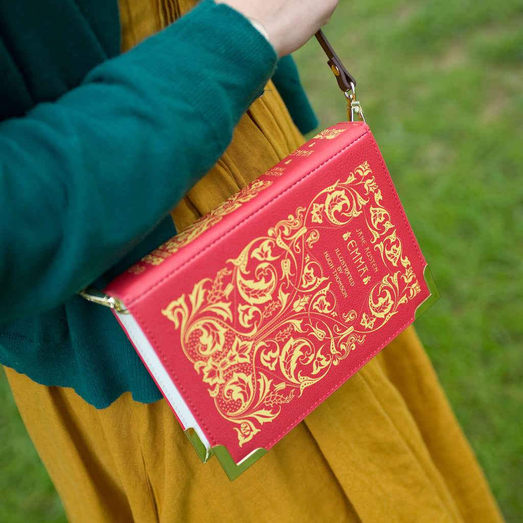 Emma Red Handbag by Jane Austen with Ornate Gold Leaf design, by Well Read Co. - Girl with bag