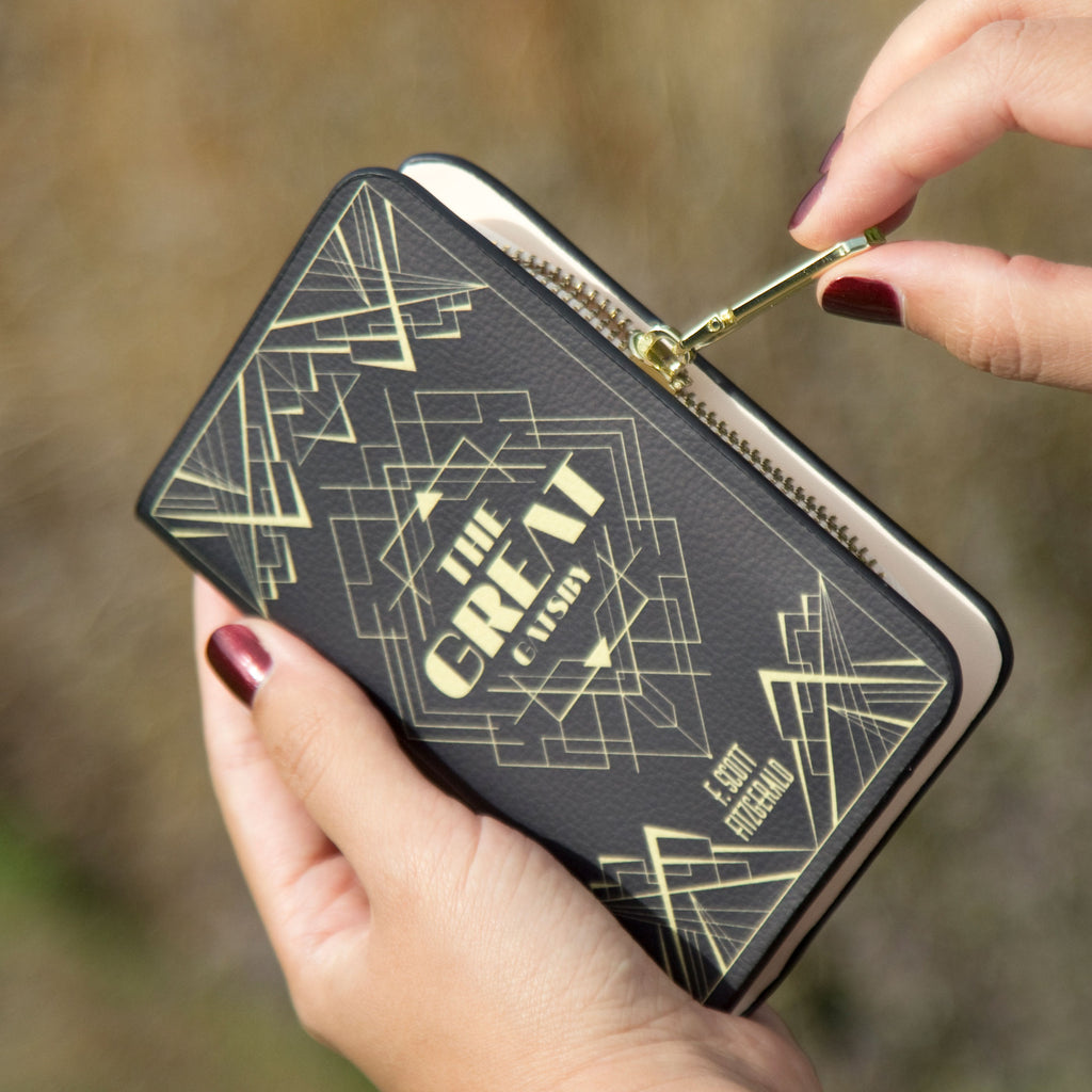 The Great Gatsby Black and Gold Wallet Purse by F. Scott Fitzgerald featuring Art-Deco design, by Well Read Co. - Girl Standing with Bag
