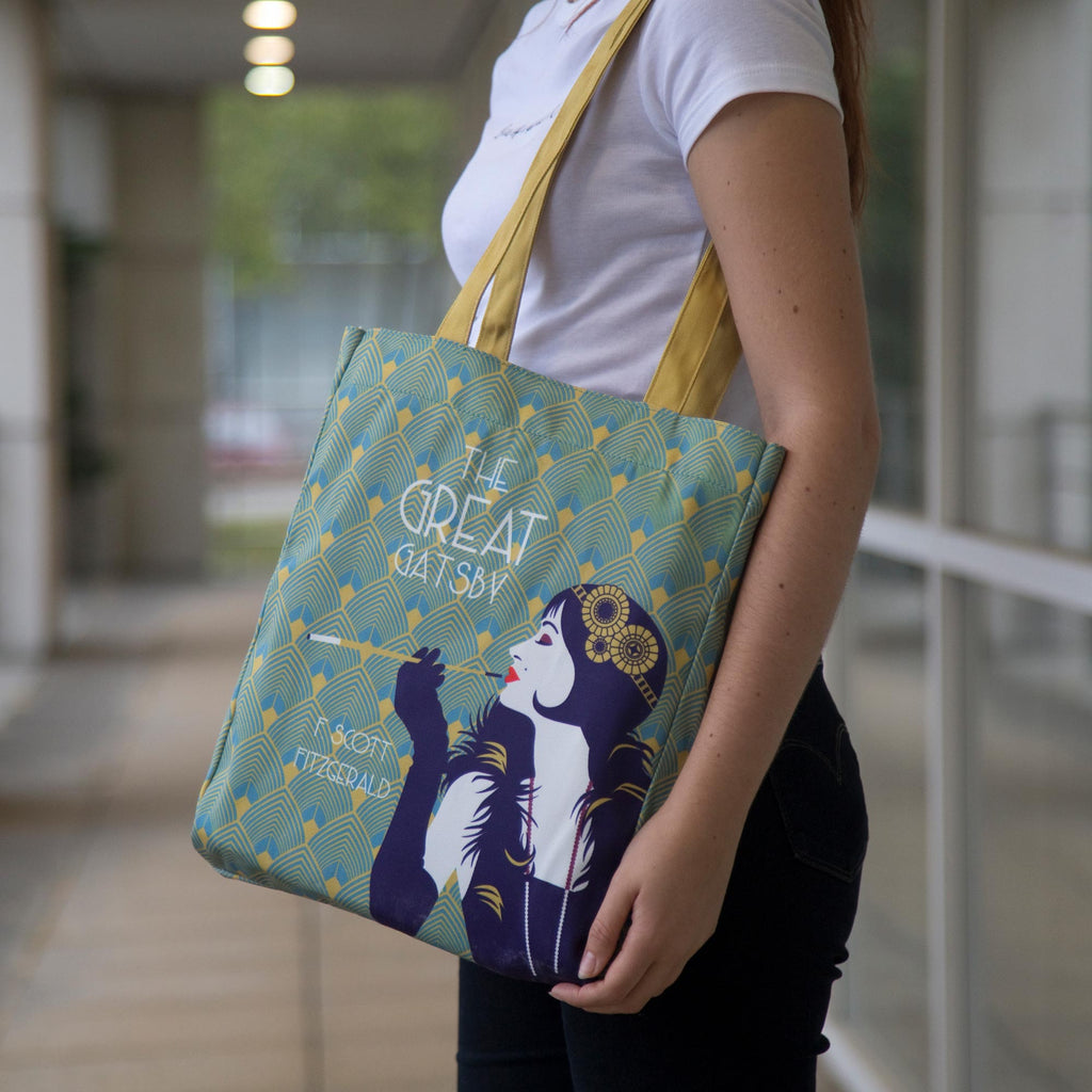 The Great Gatsby Tote Bag by F. Scott Fitzgerald featuring flapper girl, by Well Read Co.- Model Standing