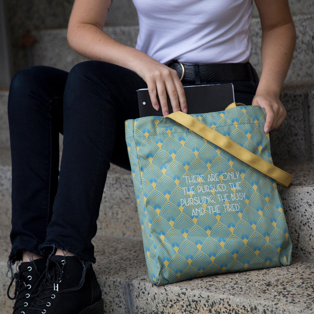 The Great Gatsby Tote Bag by F. Scott Fitzgerald featuring flapper girl, by Well Read Co. - Model Sitting with Bag