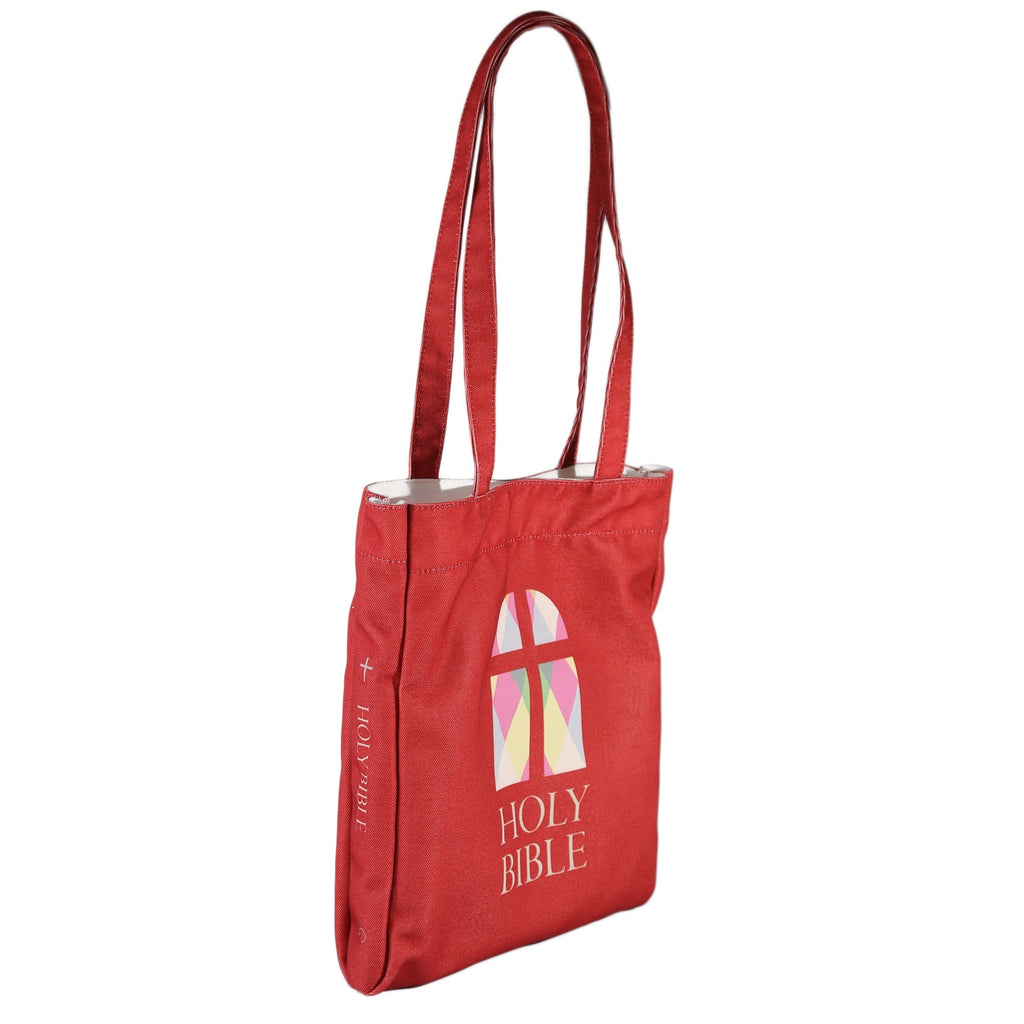 The Holy Bible Red Tote Bag by Well Read Co. featuring Stained-Glass Window design - Side