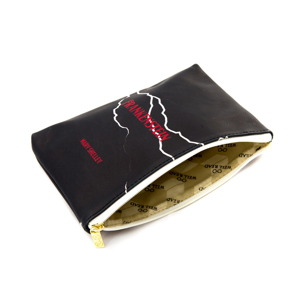 Frankenstein Black Pouch Purse by Mary Shelley featuring Lightning Flash design, by Well Read Co. - Opened Zipper