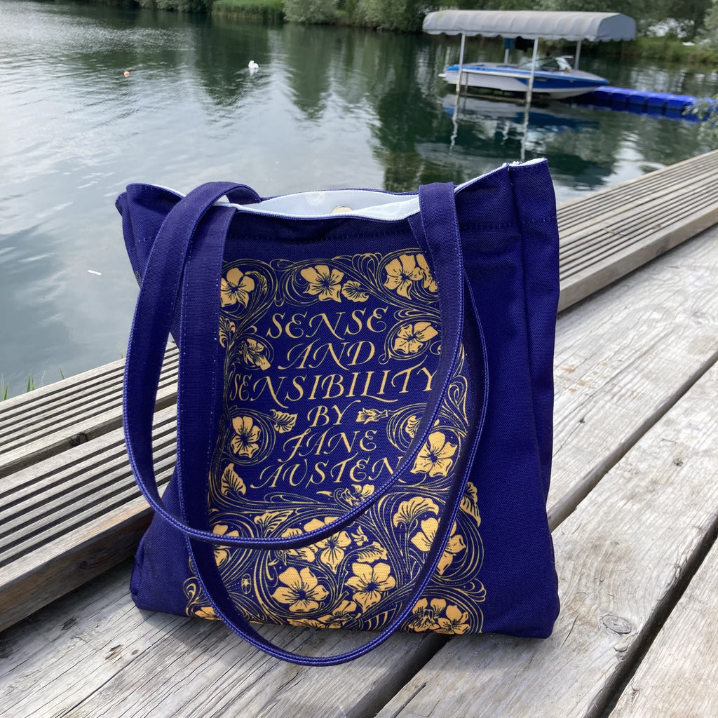 Sense and Sensibility Blue Tote Bag by Jane Austen featuring Gold Flower design, by Well Read Co. - Inside