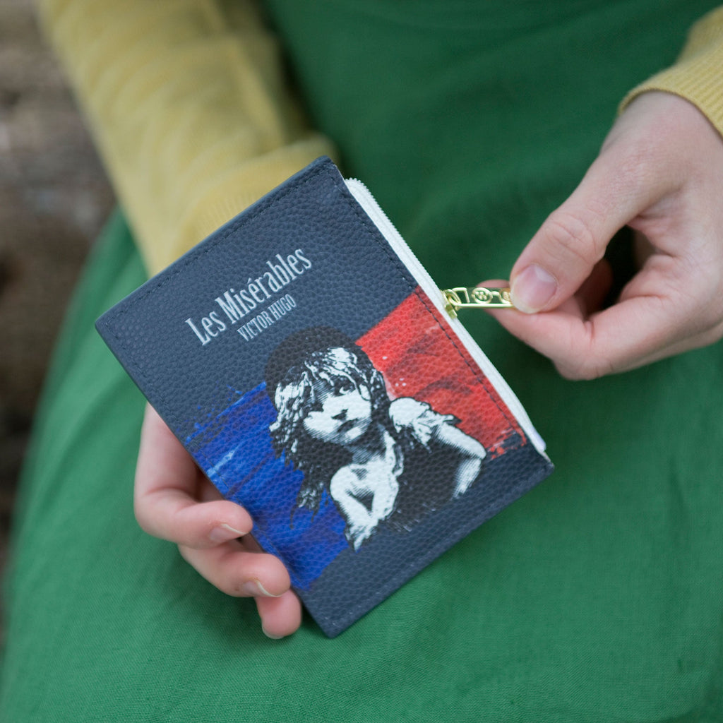 Les Misérables Navy Coin Purse by Victor Hugo featuring Cosette over French flag design, by Well Read Co. - Hand