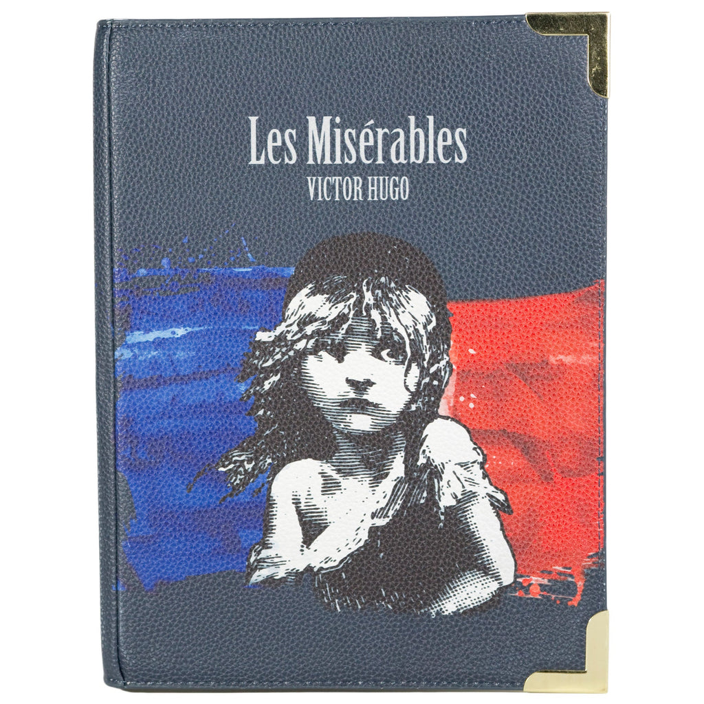 Les Misérables Book Handbag by Victor Hugo featuring Cosette over French flag design, by Well Read Co. - Front