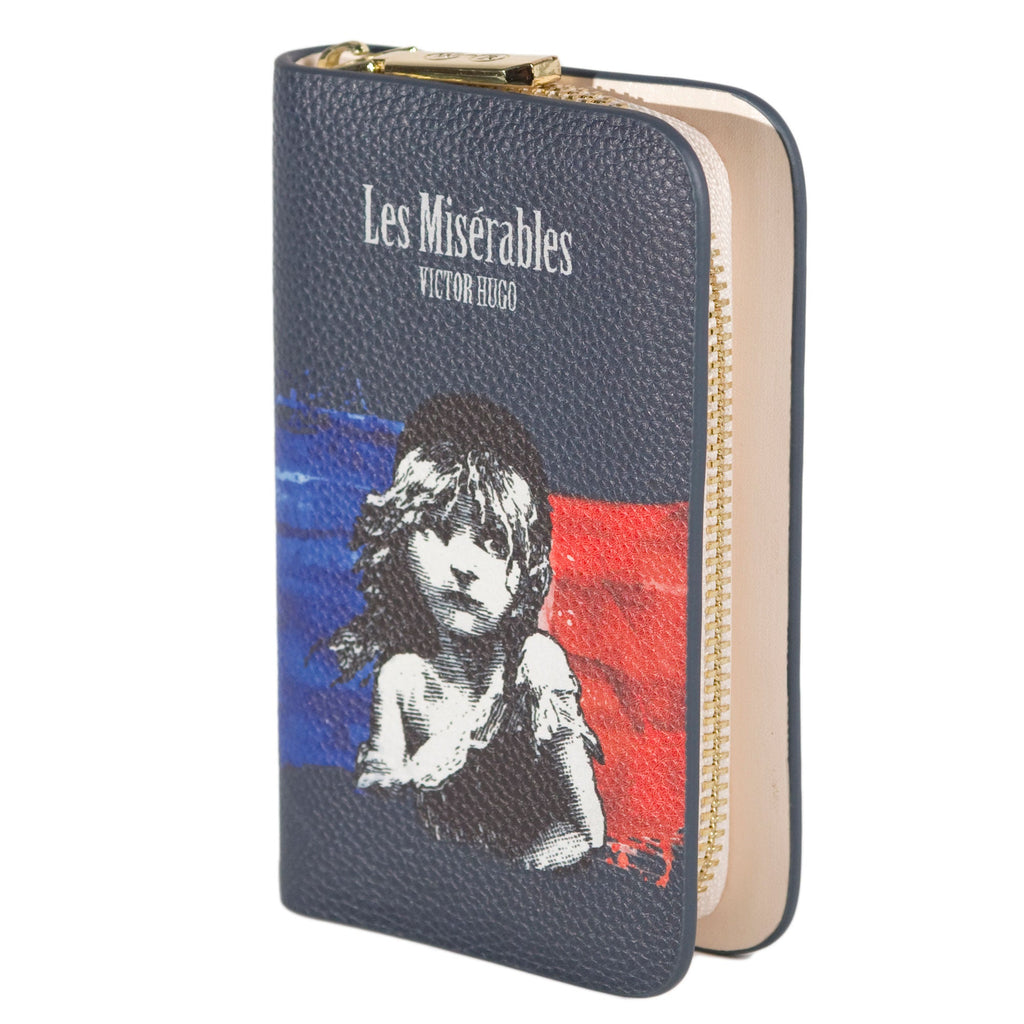 Les Misérables Blue Zip Around Wallet by Victor Hugo featuring Cosette against French flag design, by Well Read Co. - Side