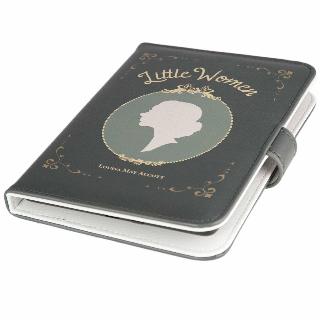 Little Women Green Kindle Case by Louisa May Alcott featuring Young Woman Profile, by Well Read Co. - Front View, Case Laid Down