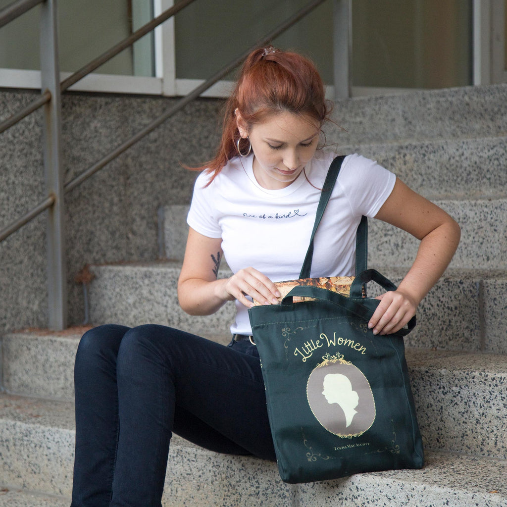Little Women Green Tote Bag by Louisa May Alcott featuring Young Woman Profile design, by Well Read Co. - Girl Sitting