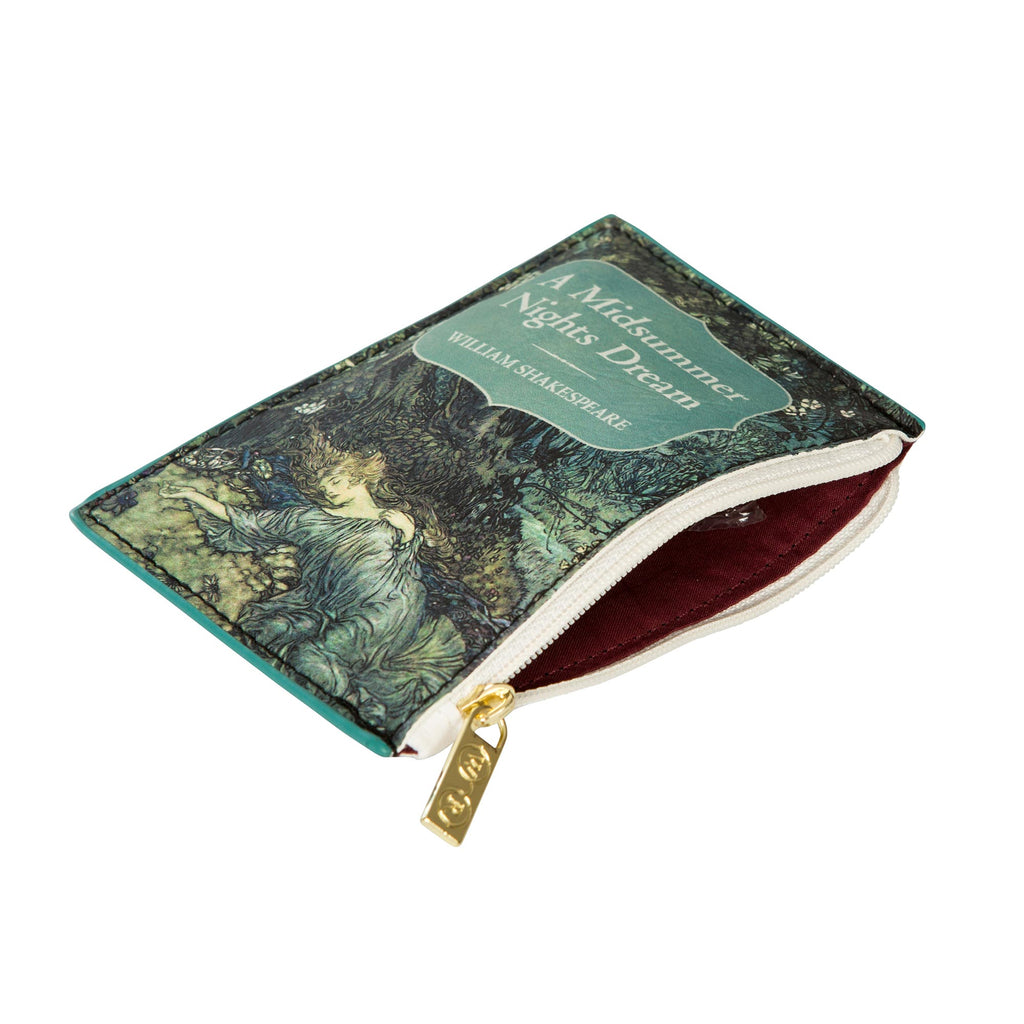 A Midsummer Night's Dream Green Coin Purse by William Shakespeare featuring Sleeping Tatiana design, by Well Read Co. - Opened Zipper