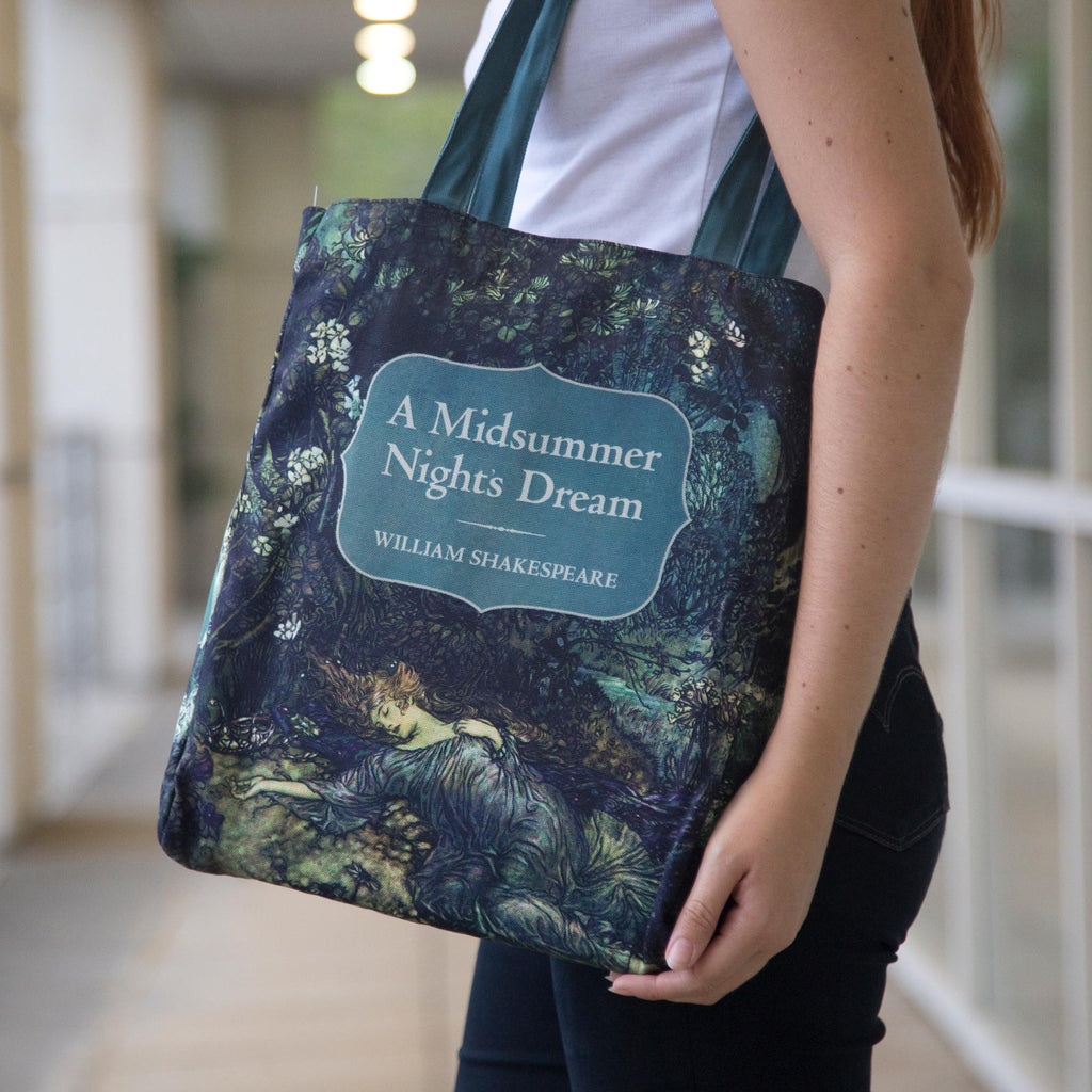 A Midsummer Night's Dream Polyester Tote Bag by William Shakespeare featuring Sleeping Tatiana design, by Well Read Co. - Model Standing with Bag