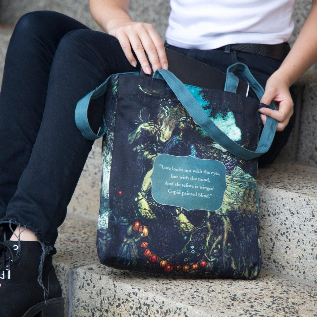 A Midsummer Night's Dream Polyester Tote Bag by William Shakespeare featuring Sleeping Tatiana design, by Well Read Co. - Girl Sitting