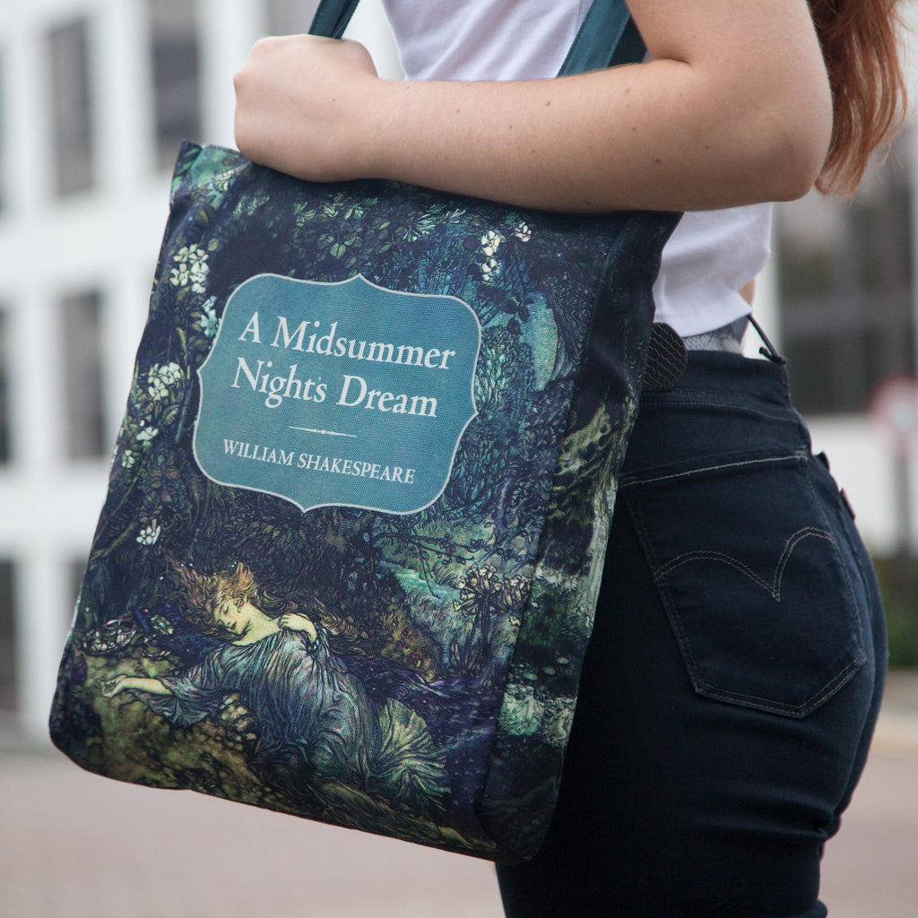 A Midsummer Night's Dream Polyester Tote Bag by William Shakespeare featuring Sleeping Tatiana design, by Well Read Co. - Girl Standing with Bag