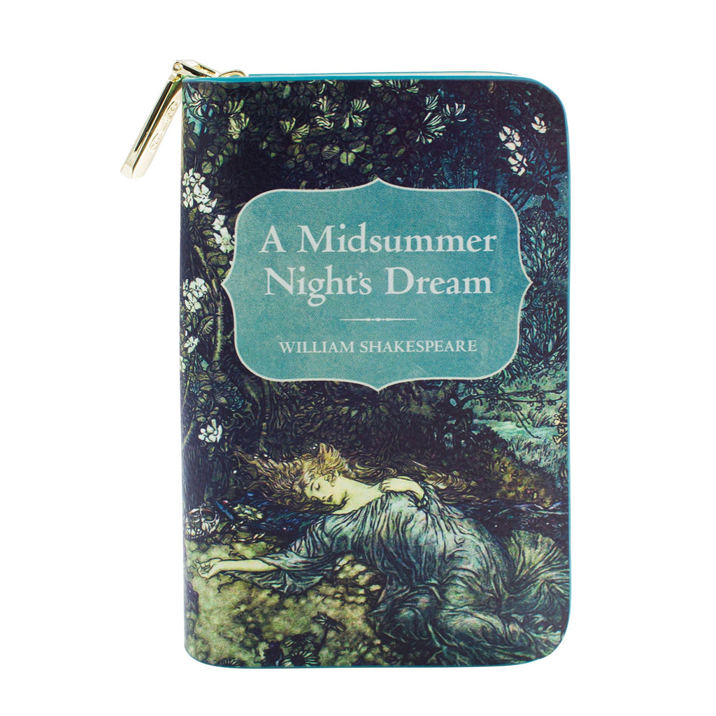 A Midsummer Night's Dream Green Wallet Purse by William Shakespeare featuring Tatiana and Cupid design, by Well Read Co. - Opened Zipper