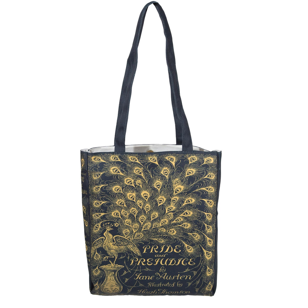 Pride and Prejudice Polyester Tote Bag by Jane Austen with Gold Peacock design, by Well Read Co. - Front