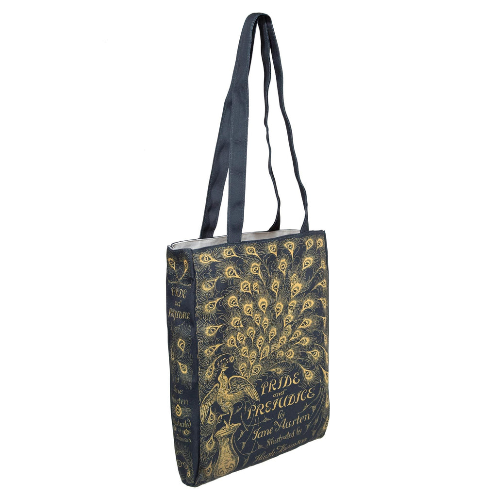 Pride and Prejudice Polyester Tote Bag by Jane Austen with Gold Peacock design, by Well Read Co. - Side