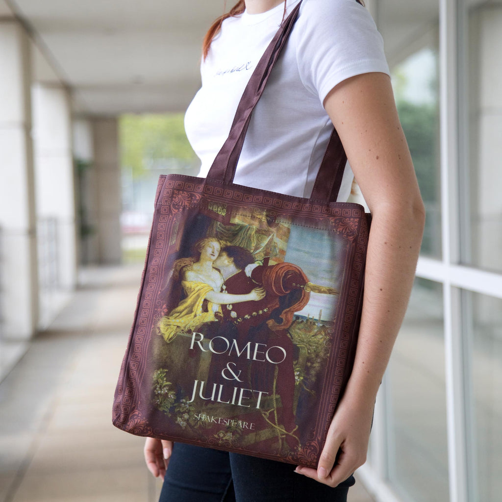 Romeo and Juliet Blue Tote Bag by William Shakespeare featuring Ford Madox Brown's 1870 Oil Painting, by Well Read Co. - Side