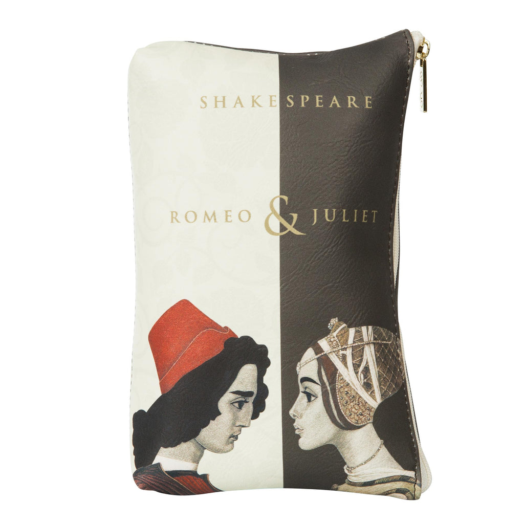 Romeo and Juliet Black and Cream Pouch Purse by William Shakespeare featuring Juliet and Romeo design, by Well Read Co. - Front