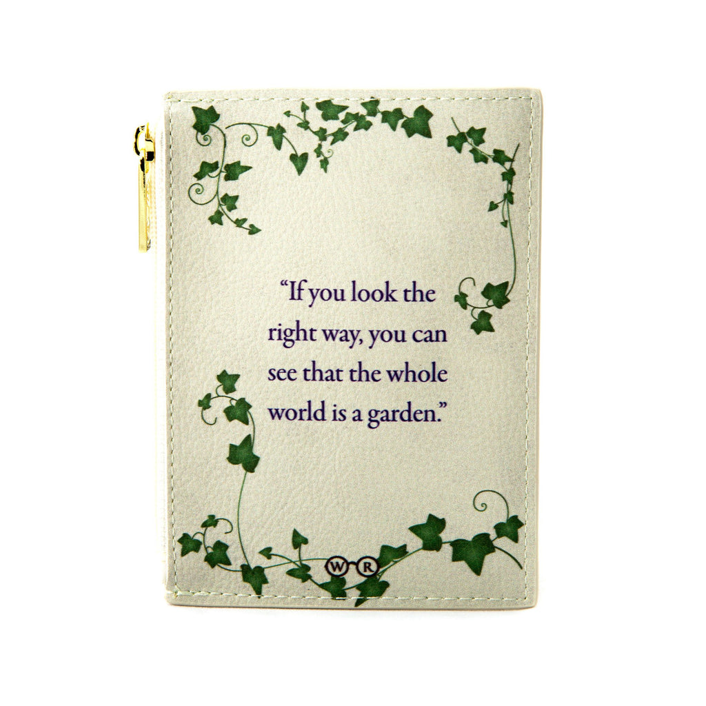 The Secret Garden Grey Coin Purse by F.H. Burnett featuring Ornate Gate design, by Well Read Co. - Model Sitting with Bag