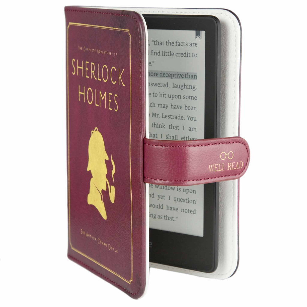 Sherlock Holmes Kindle Case: Burgundy Silhouette Design by Well Read Co. - Front View, Case Open