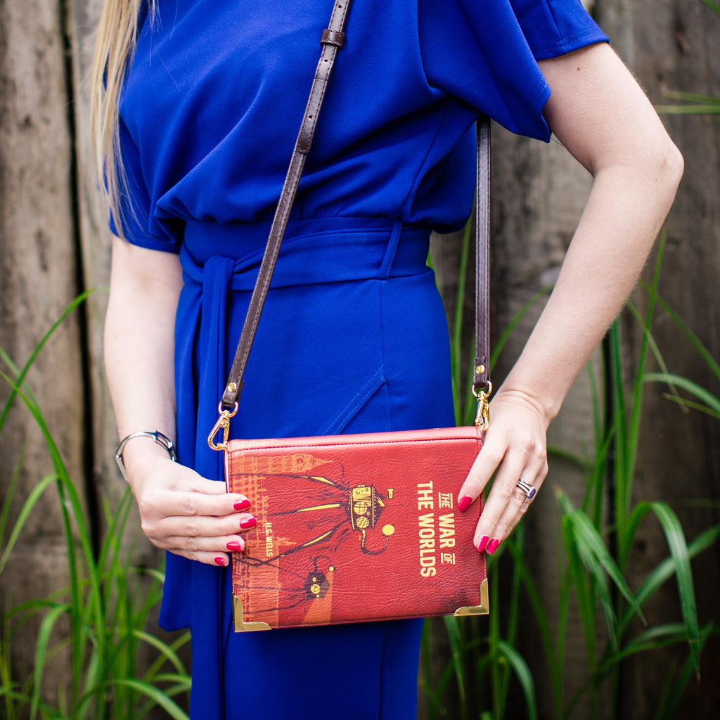 The War of the Worlds Red Handbag by H.G. Wells featuring Martian Tripod design, by Well Read Co. - Model Standing with Bag