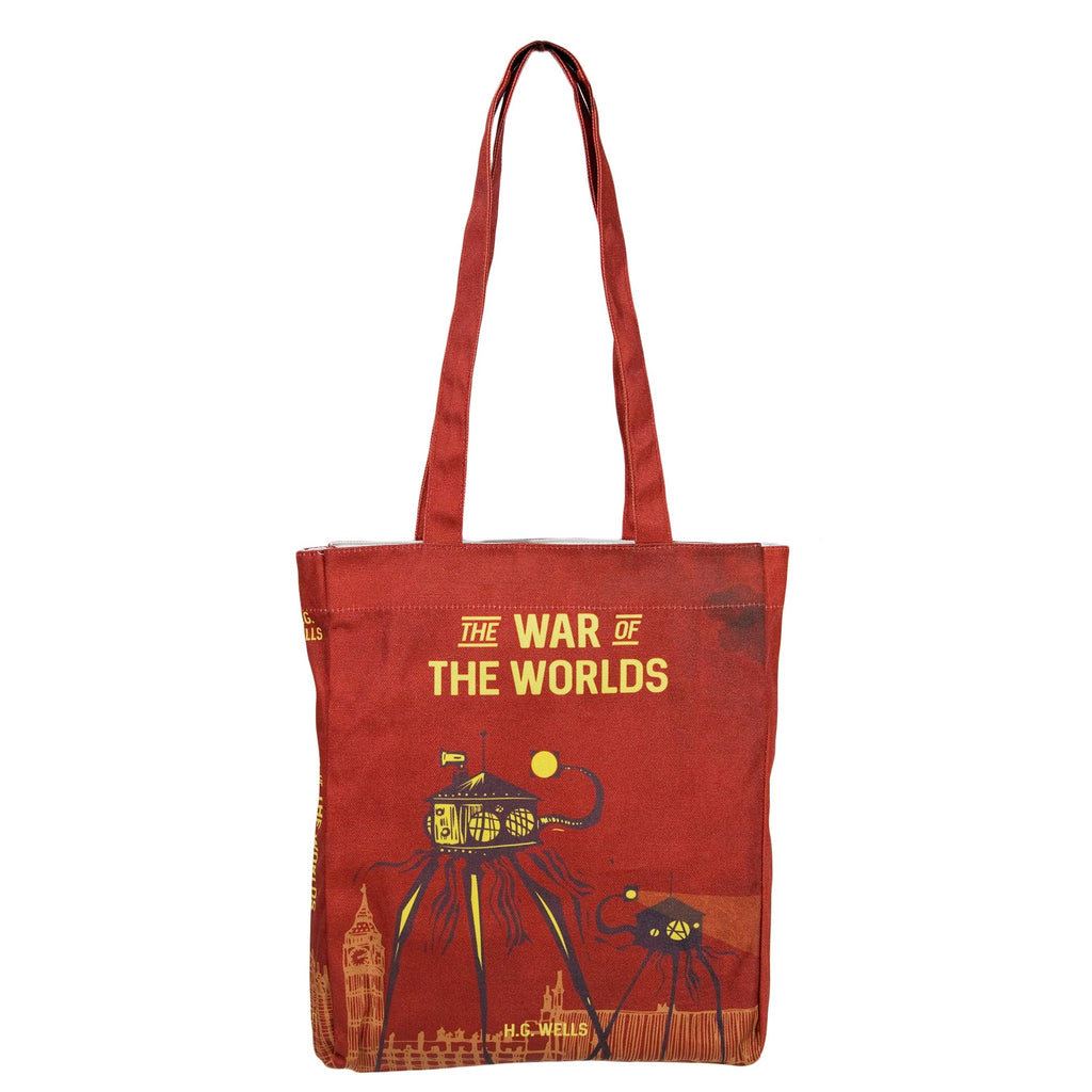 The War of the Worlds Red Tote Bag by H.G. Wells featuring Alien Tripods design, by Well Read Co. - Front
