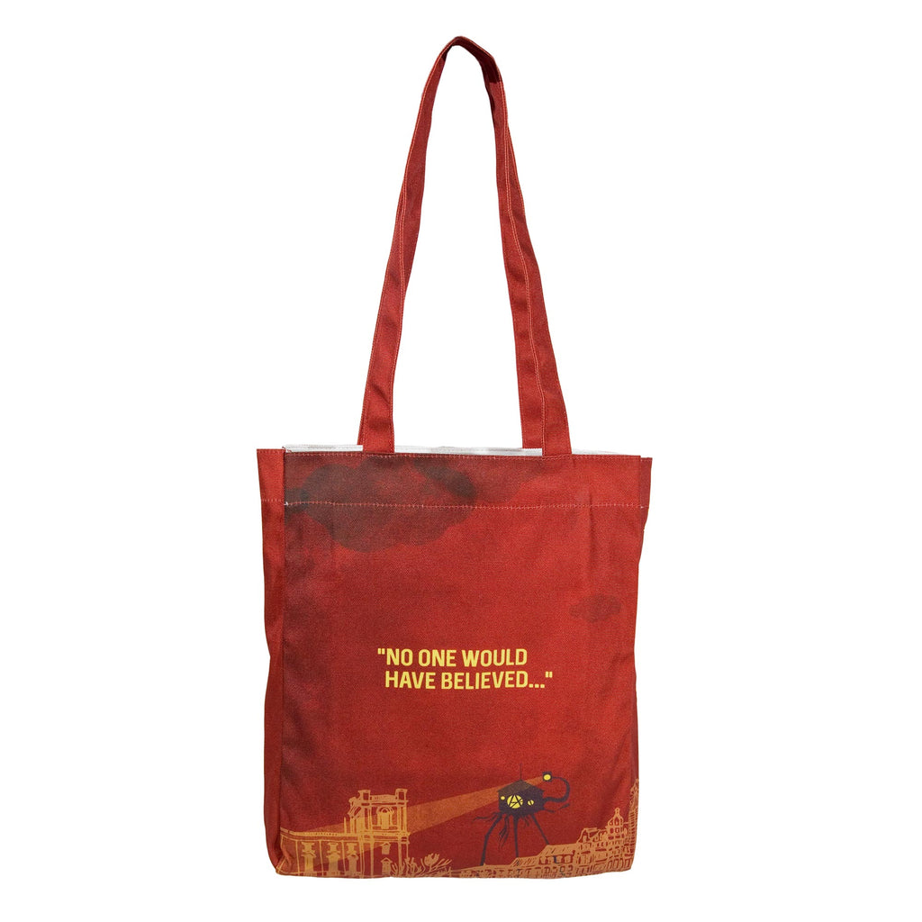 The War of the Worlds Red Tote Bag by H.G. Wells featuring Alien Tripods design, by Well Read Co. - Back