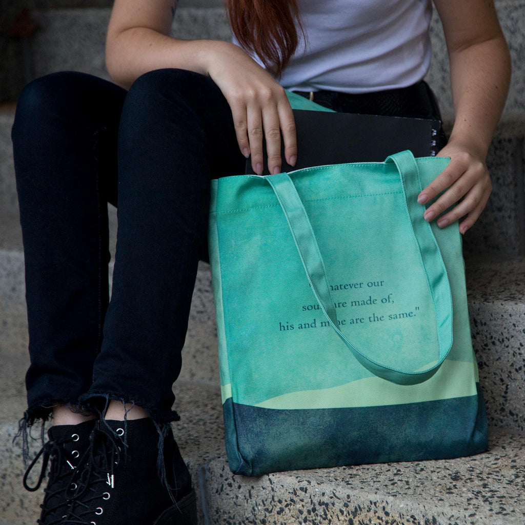 Wuthering Heights Green Tote Bag by Emily Brontȅ featuring Lone Tree design, by Well Read Co. - Model with bag