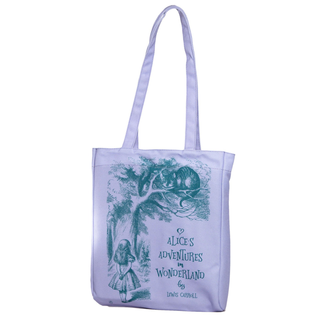 Alice's Adventures in Wonderland Purple Tote Bag by Lewis Carroll featuring Alice and Cheshire Cat design, by Well Read Co. - Side