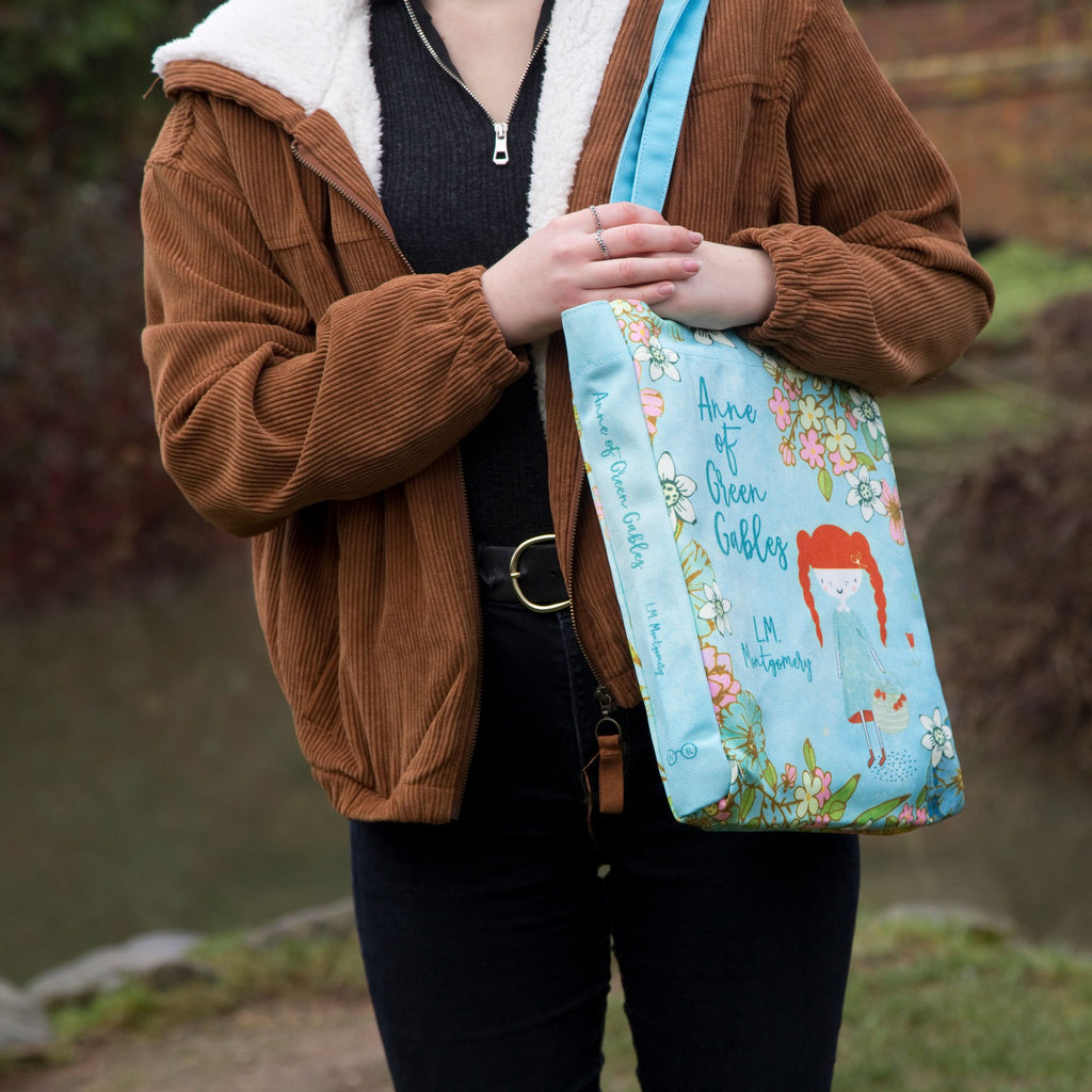 Anne of Green Gables Blue Tote Bag by Lucy Maud Montgomery featuring Anne and Floral design, by Well Read Co. - Model