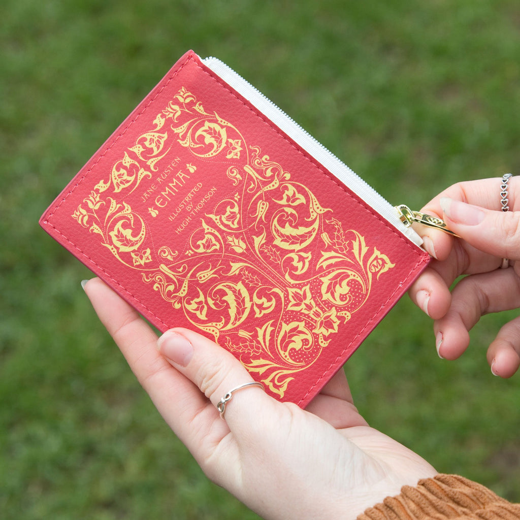 Emma Red Coin Purse by Jane Austen with Gold Leaf design, by Well Read Co. - hands