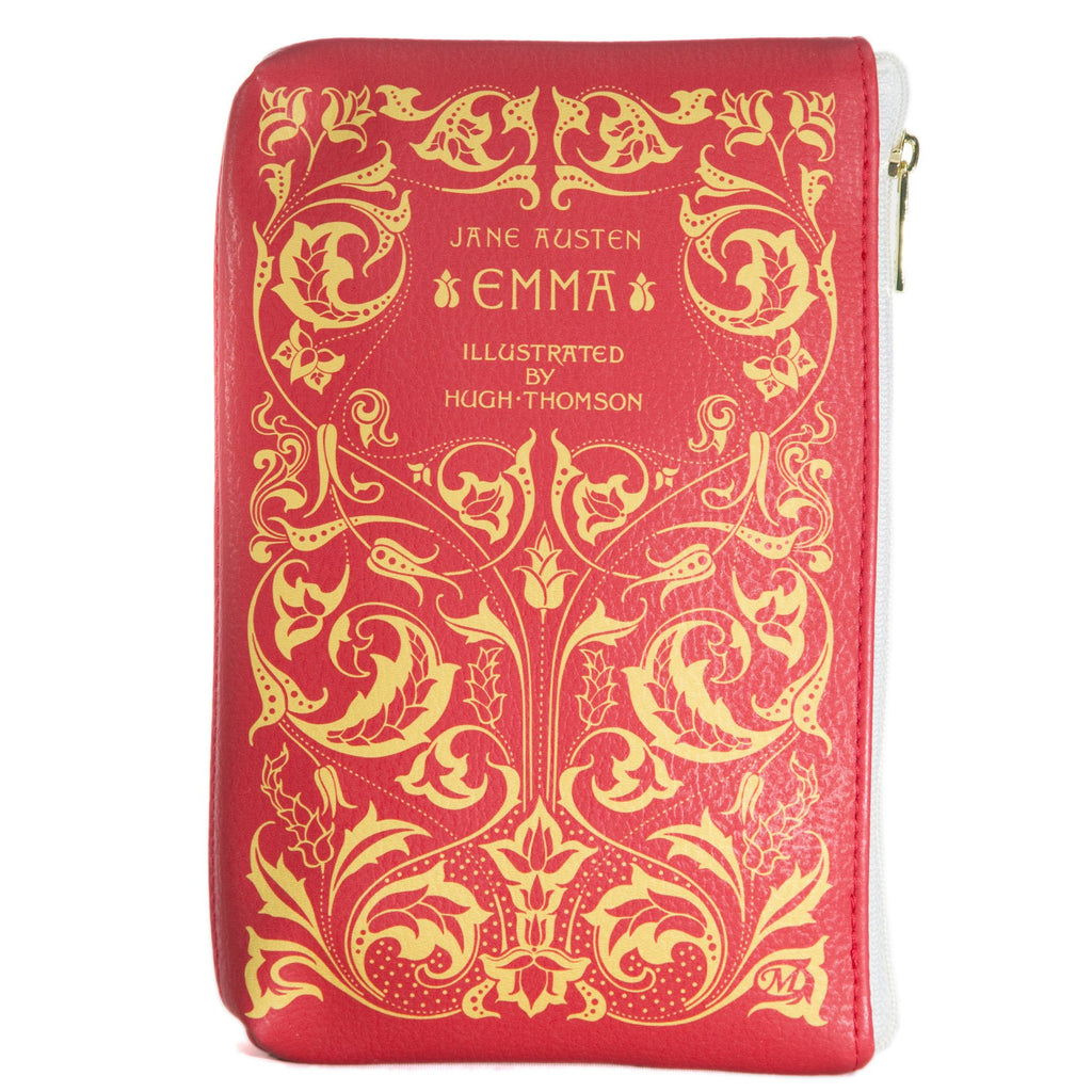 Emma Red Pouch Purse by Jane Austen featuring Ornate Gold Leaf design, by Well Read Co. - Front