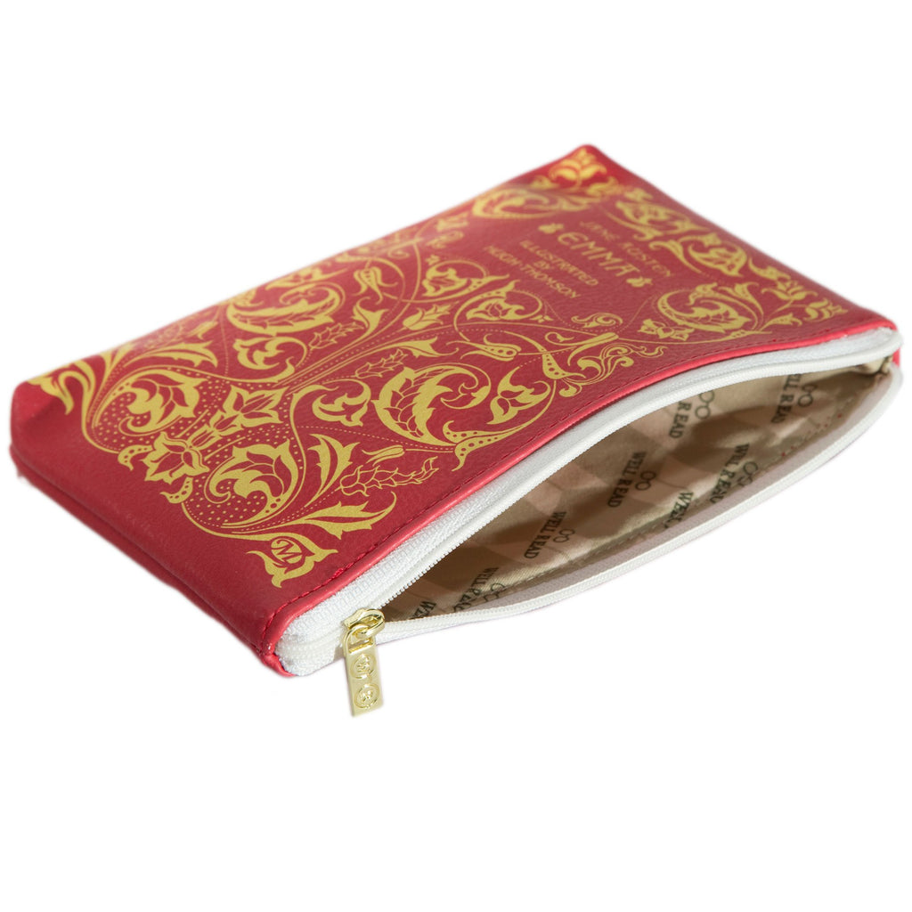 Emma Red Pouch Purse by Jane Austen featuring Ornate Gold Leaf design, by Well Read Co. - Open