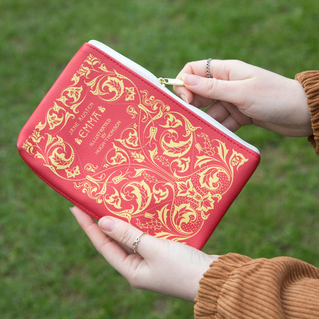 Emma Red Pouch Purse by Jane Austen featuring Ornate Gold Leaf design, by Well Read Co.