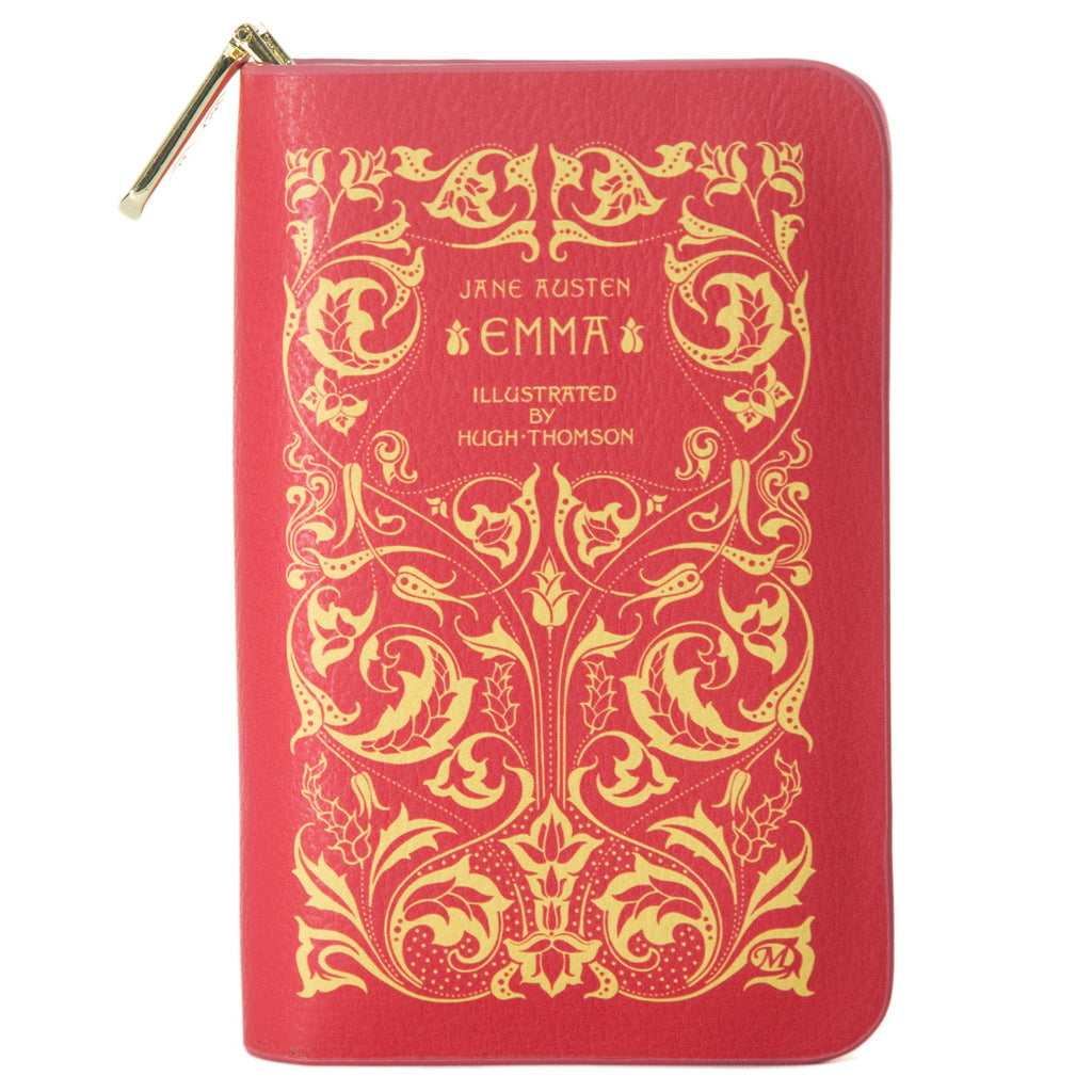 Emma Red Wallet Purse by Jane Austen featuring Ornate Gold Leaf design, by Well Read Co. - Front