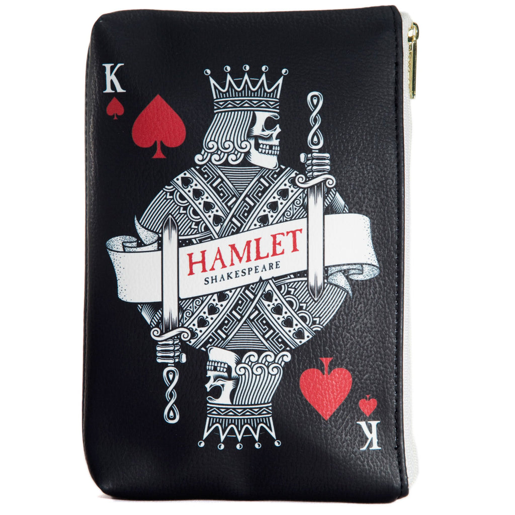 Hamlet Black Pouch Purse by William Shakespeare featuring Playing Card Skull design, by Well Read Co. - Front