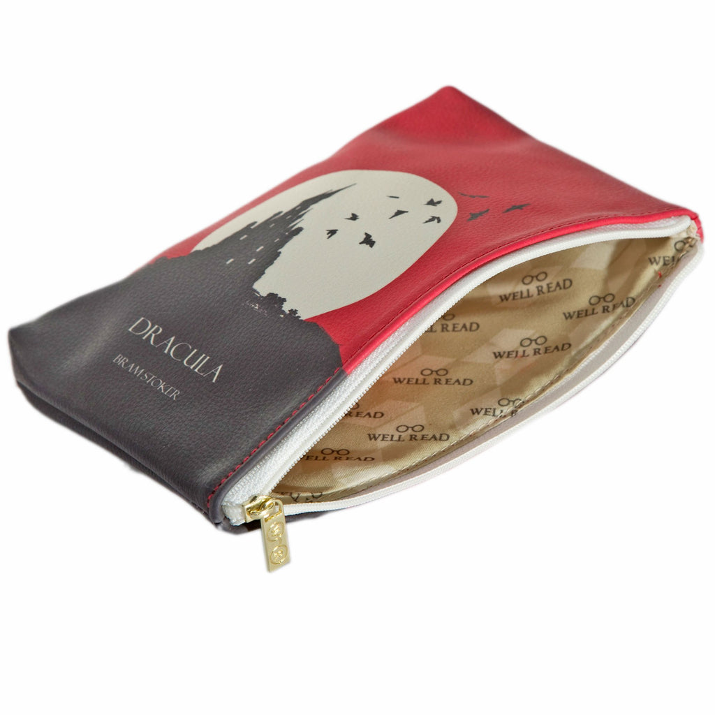 Dracula Red Pouch Purse by Bram Stoker featuring Castle and Bats design, by Well Read Co. - Opened Zipper