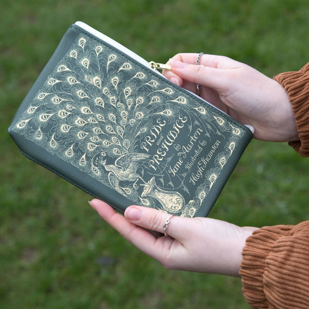Pride and Prejudice Green Pouch Purse by Jane Austen with Gold Peacock design, by Well Read Co. - Hand