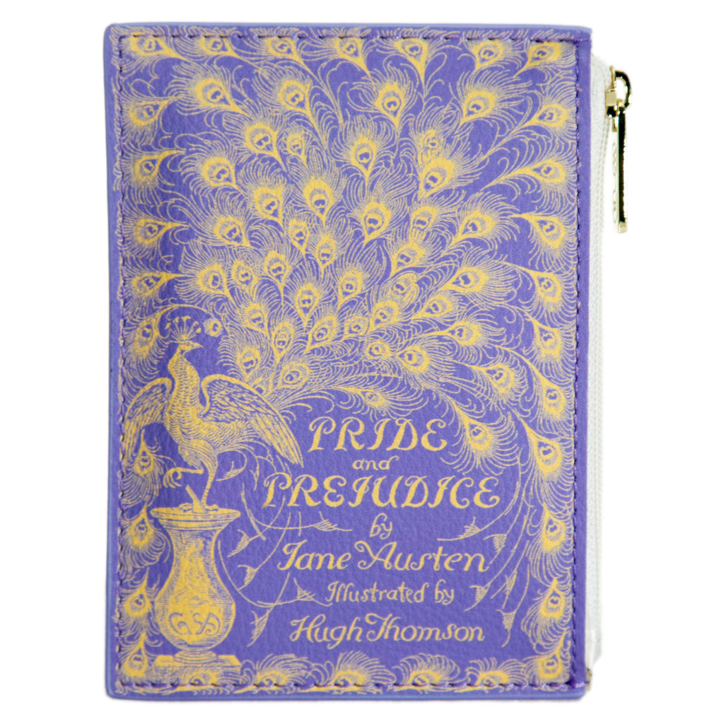 Pride and Prejudice Purple Coin Purse by Jane Austen featuring Peacock and Tail Feathers design, by Well Read Co. - Front