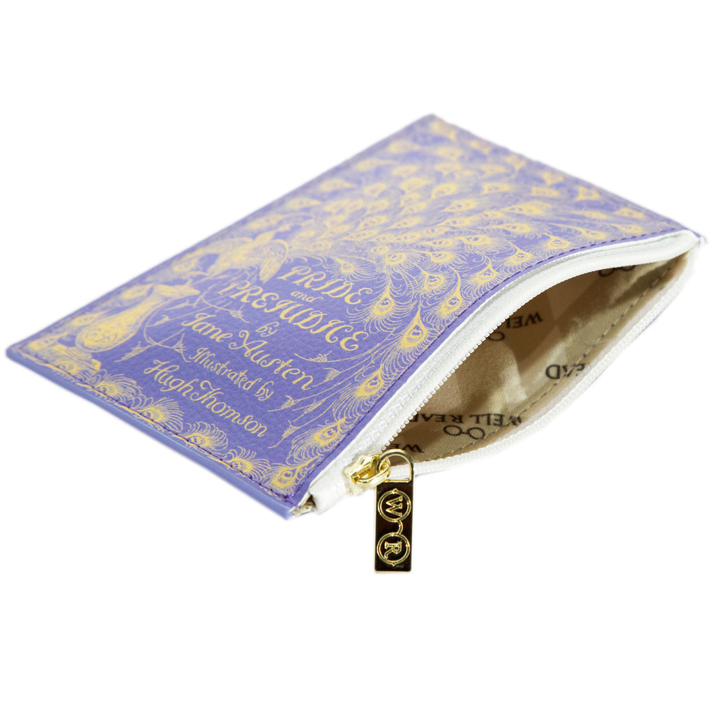 Pride and Prejudice Purple Coin Purse by Jane Austen featuring Peacock and Tail Feathers design, by Well Read Co. - Hand