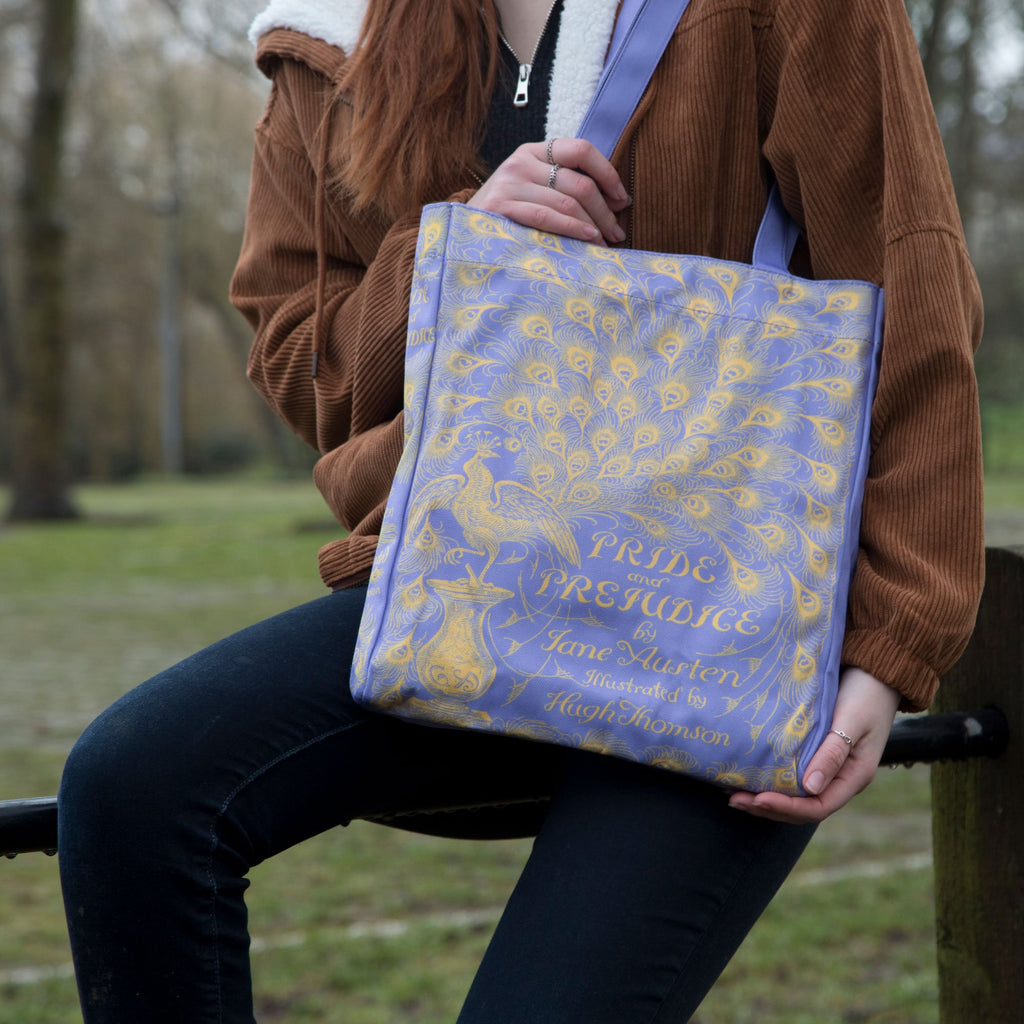 Pride and Prejudice Purple Tote Bag by Jane Austen with Peacock design, by Well Read Co. - Hand